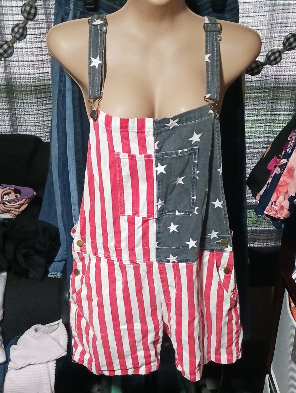 Stars & Stripes Denim Short Overalls - Red and Blue